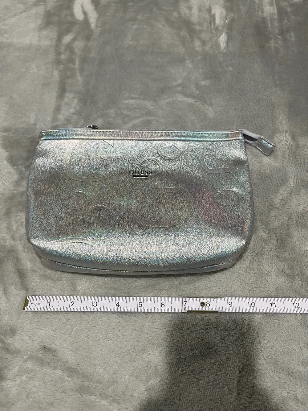 GUESS Silver Iridescent Metallic Logo Cosmetic Makeup Bag Pouch NWOT